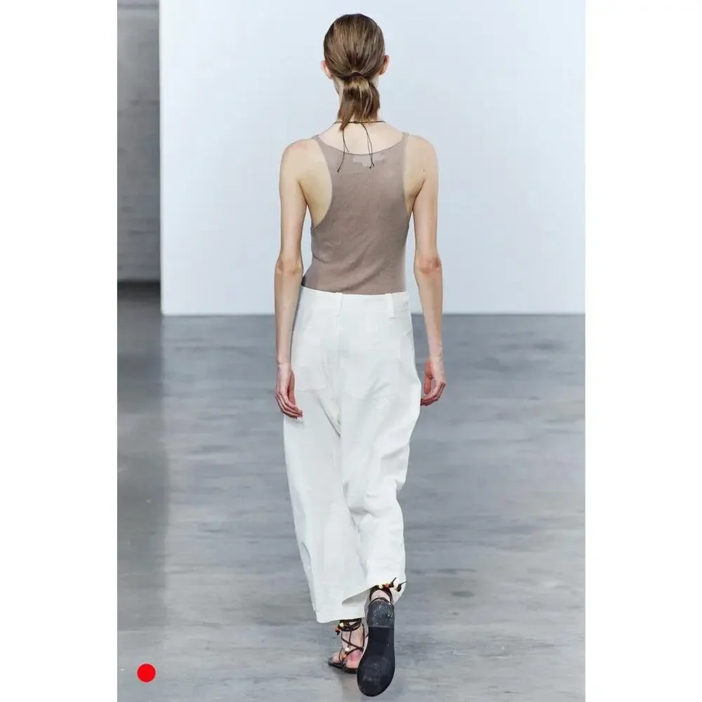 ZARA COLLECTION EMBROIDERED WIDE-LEG TROUSERS IN WHITE SZ M Beach Boho Coquette